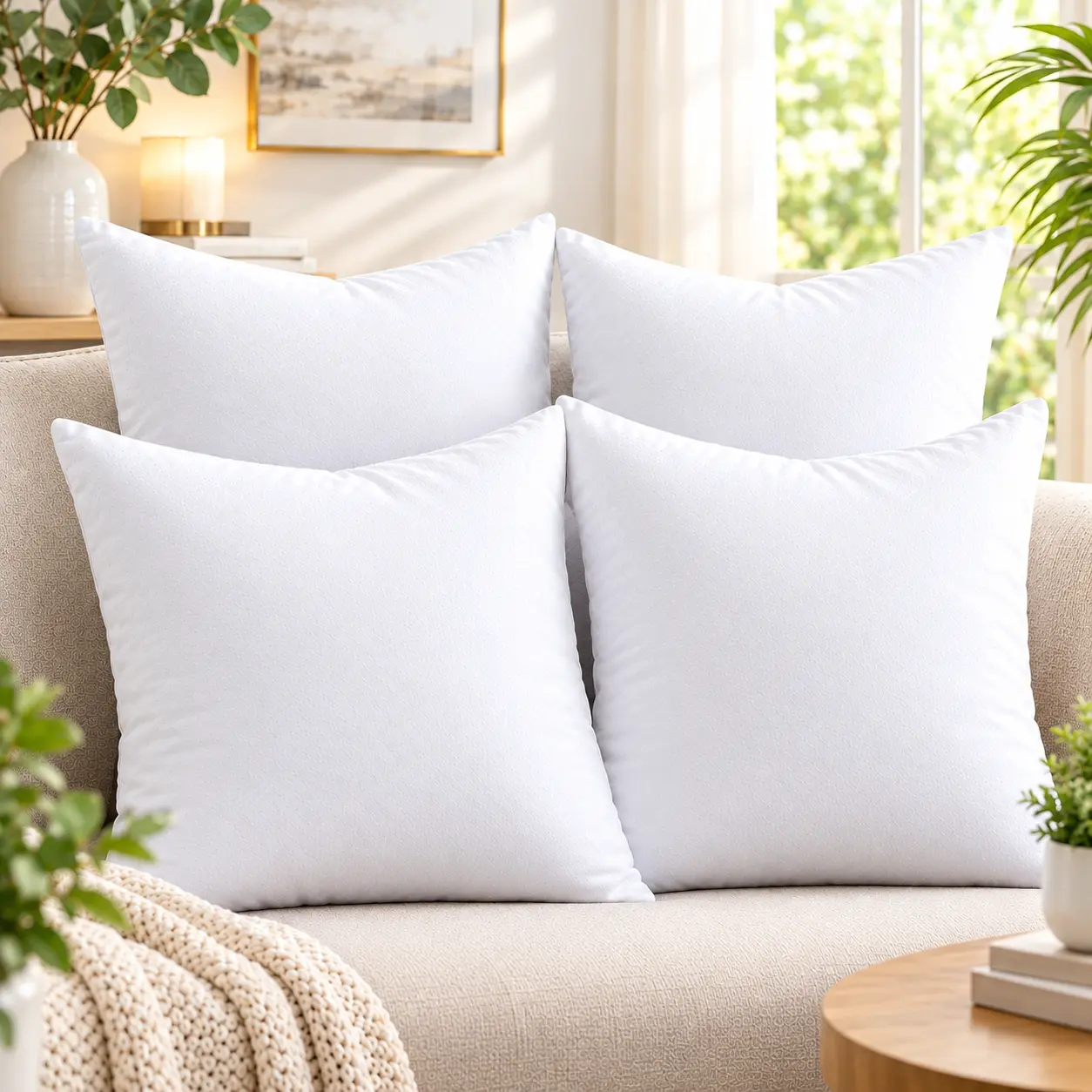 4-Pack White Throw Pillow Inserts – Soft Fluffy Decorative Cushions, Square Pillow Inserts for Couch, Sofa, Bed & Living Room Decor