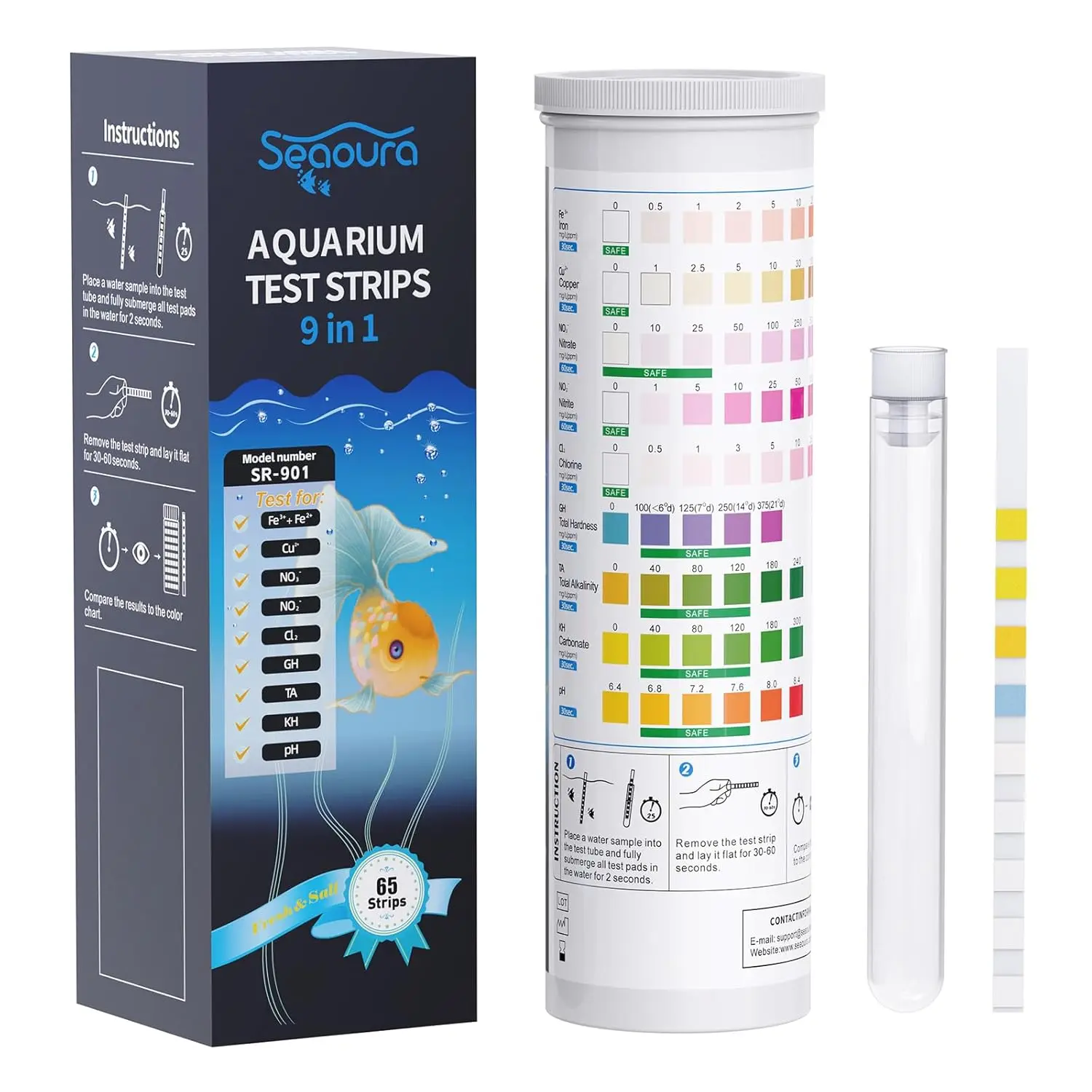 9-in-1 Aquarium Test Strips 65&135ct Fast Water Testing for Fish TankAmmonia Nitrate PH Ammonia, Alkalinity, Hardness, Chlorine, etc.
