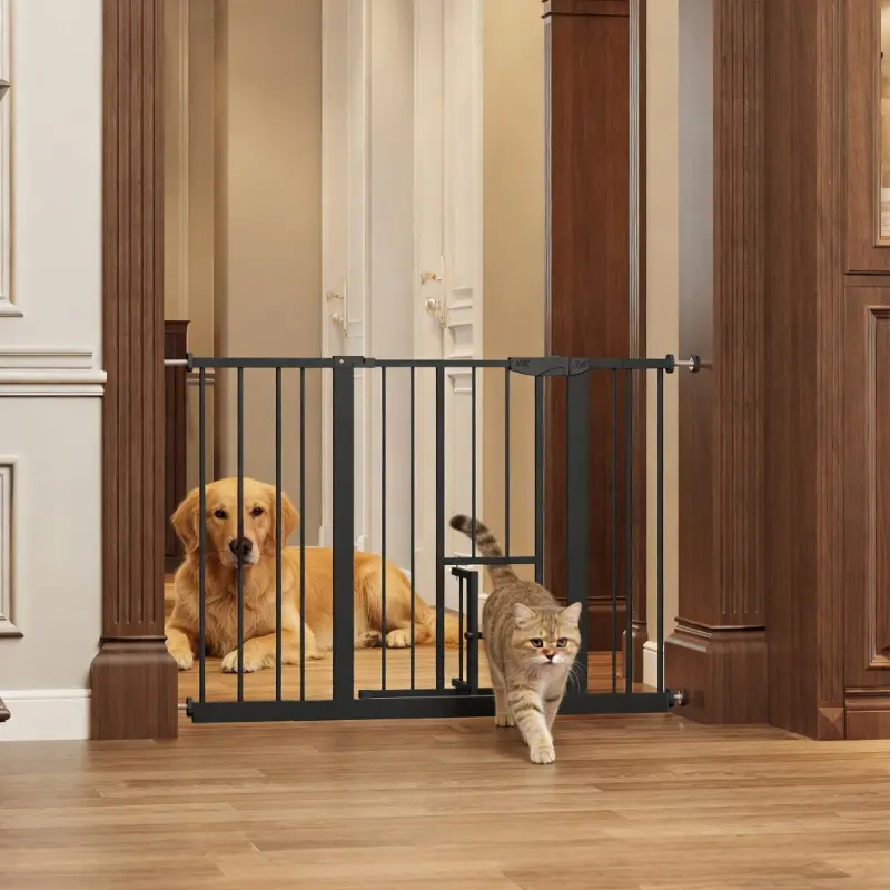 Steel Walk-Through Metal Baby Gate with Cat Door, 29.5-44.1in Width, 30.3in Height, Pressure-Mounted, No Tools Needed, Double-Lock Safety Release, Black for Stairs & Doorways, Walk-Through Gate