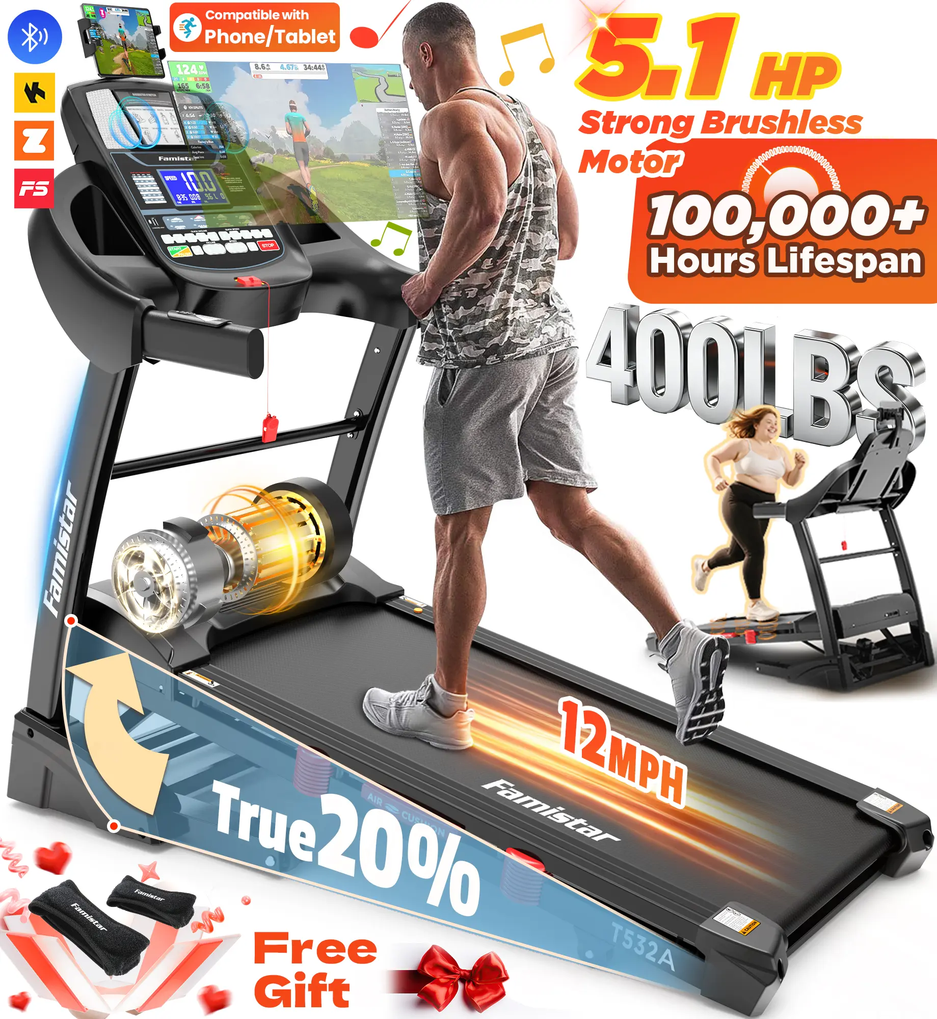 Famistar 5.1HP Folding Treadmill for Home with 20% Auto Incline, 300-400 LB Capacity, Portable Foldable Treadmill, FREE APP Control, Adjustable Tablet Holder,12MPH Speed,71 Programs,Knee Straps Gift