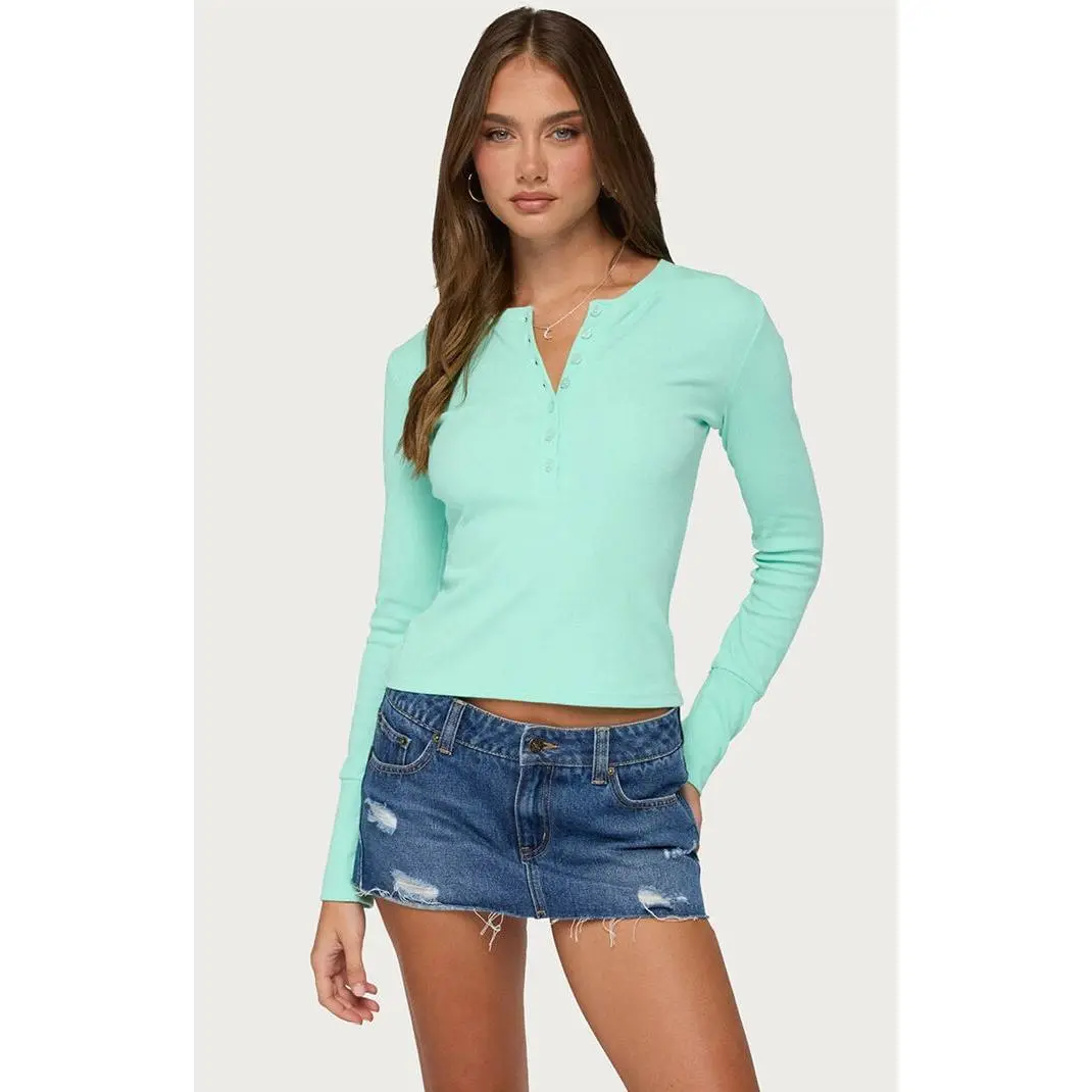 Edikted Women's Yerin Long Sleeve Henley Ribbed Top