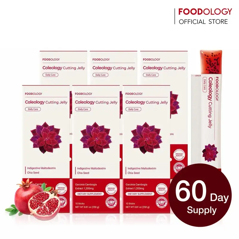 [FOODOLOGY] Coleology Cutting Jelly 60days - Garcinia Cambogia (HCA), Chia Seeds Collagen, Hyaluronic Acid, Pomegranate Flavored 8.81 oz /10 Sticks