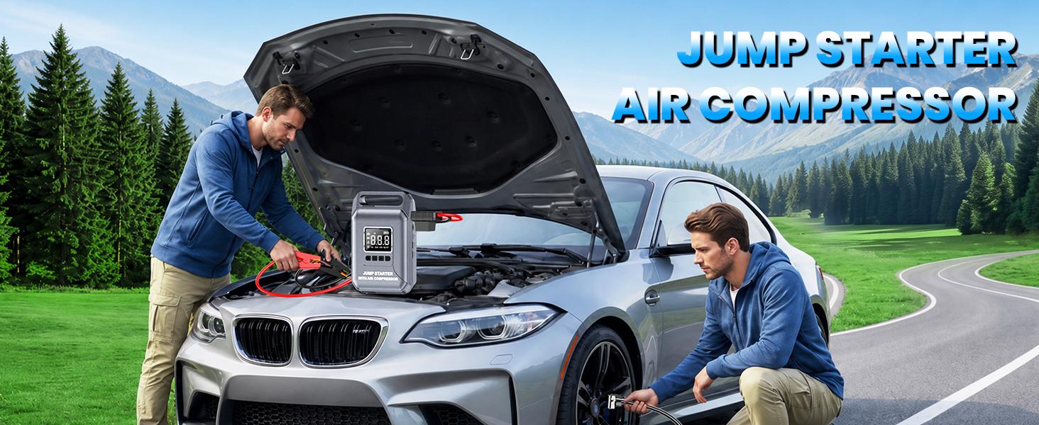 Soulor 4000A Ultra-Safe Jump Starter – Starts all 12V battery vehicles. Features 160 PSI air compressor, 18W fast charging, tire pressure check, and LED light. Includes jumper cables, air hose, storage bag, and 4 inflation nozzle sohochic