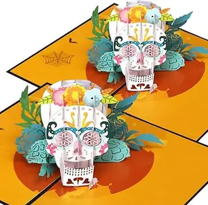 2 Pieces Rose Skull Halloween Pop Up Card Colorful Handmade 3D Halloween cards 5x7Inch Dia de los Muertos Card with Envelopes for Spooky Surprise, Day of the Dead, Funny Gift