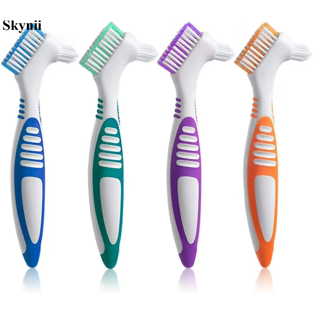 Skynii Denture Brush 4Pcs Denture Toothbrushes,Denture Cleaning Care Cleaning Brush ,Double Sided Toothbrush,Multi-Layered Bristles and Rubber Anti-Slip Handle (Purple, Green, Blue, Orange)