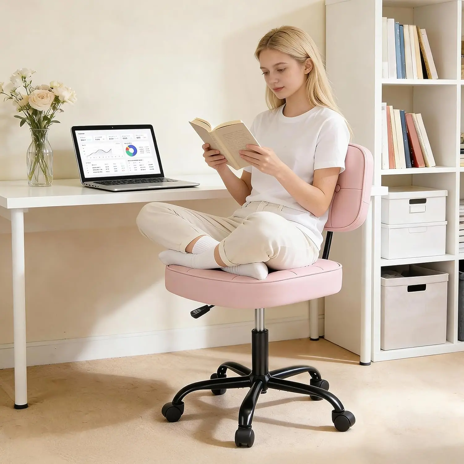 Home Office Desk Chair, Ergonomic Armless PU Leather Rolling Computer Task Chair, Height Adjustable Desk Chair with Comfort Lumbar Support, Multipurpose Vanity Chair for Bedroom Living Room
