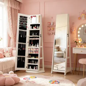 360°Swivel Jewelry Cabinet Armoire with Full Length Mirror, Lockable Standing Vanity Organizer w/Lighted Interior, 30 Hooks for Necklace Ring Earring. Space Saving Chifferobe Bedroom Furniture (White/Black/Light Walnut)