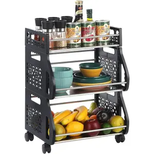 3-Tier Stackable Fruit and Vegetable Basket, Kitchen Storage Organizer Cart with Wheels, Utility Rack for Pantry, Perfect for Storing Produce, Onions, and Potatoes.