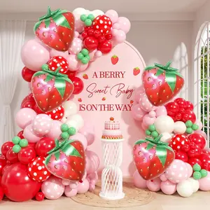 128pcs Strawberry Balloon Arch Garland Kit, Red and Pink Balloons with Strawberry Foil Balloons for Sweet One Berry First Birthday Baby Shower Strawberry Party Decorations