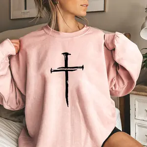 Women's Cross Print Jesus Lover Sweatshirt - Solid Breathable Comfortable Fabric Womenswear, Casual Long Sleeve Round Neck Pullover for Daily Fall & Winter Wear, Unisex Ladies Top