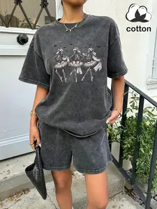 Women's washed distressed retro style casual trendy short-sleeved and shorts suit, Halloween ballet skull print women's summer suit, a must-have suit for back to school
