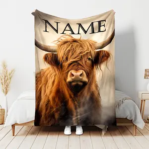 Custom Name Highland Cow Flannel Sofa Blanket - Personalized 3D Printed Retro Design, Soft and Warm All-Season Suitable for Bed, Sofa, Chair Throw Blanket - Christmas Gift for Family and Friends, Cow Pattern Blanket, Comfortable Living Accessories, Decora
