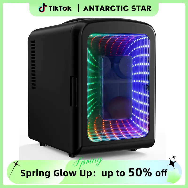 【TiktokShopSpringGlowUp】Antarctic Star 4L Mini Compact Refrigerator with Gaming Light: 6-Can Portable Cooler for Bedroom, Car, Office, Dorm - Cosmetics, Beverage & Food Storage (Black)