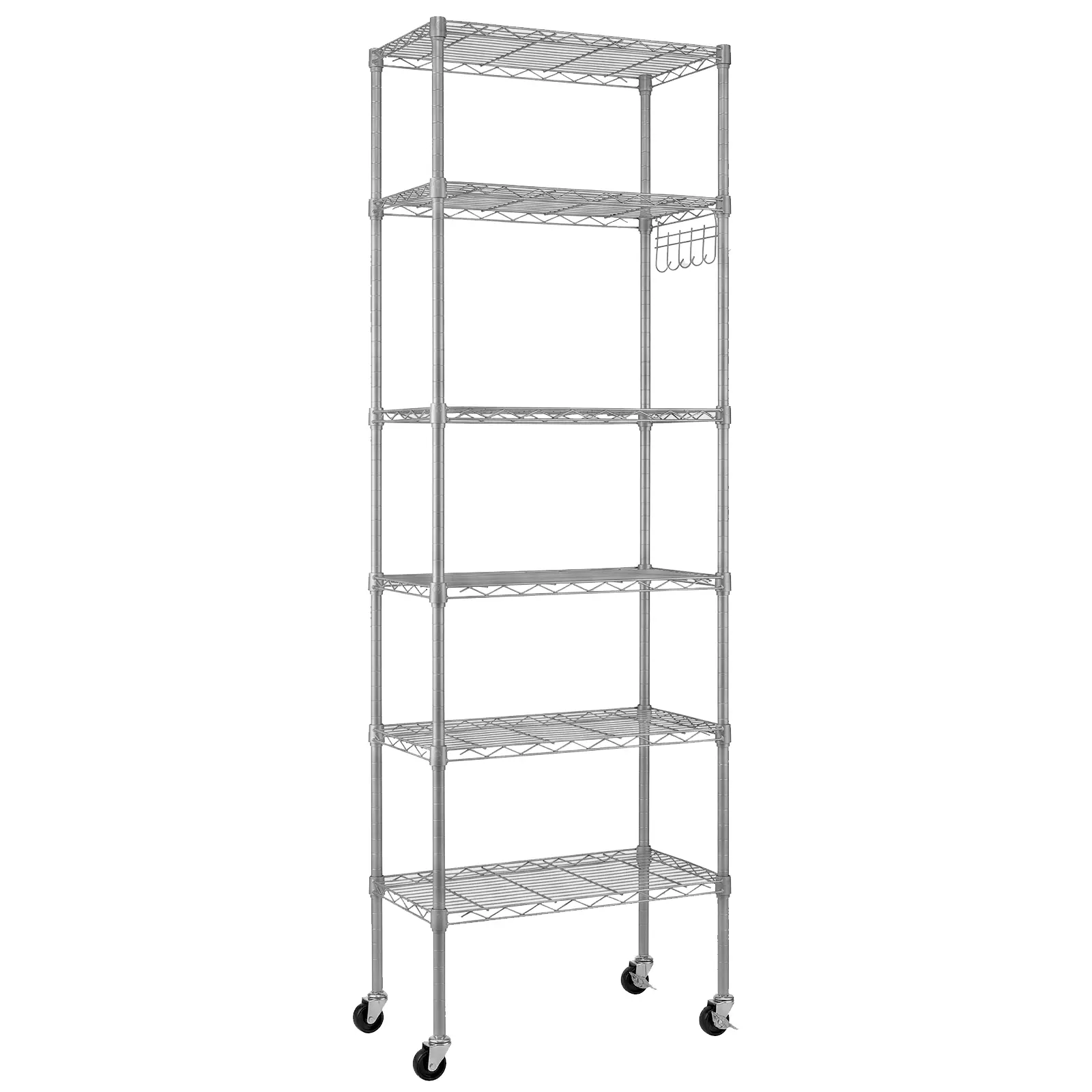 Karlhome 6-Tier Silver Metal Rack Adjustable with Side Hooks & Wheels
