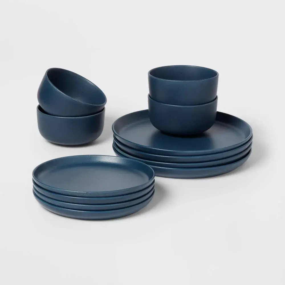 12pc Stoneware Tilley Dinnerware Set Blue - Threshold: Solid Dish Set Microwave & Dishwasher-Safe Service for 4