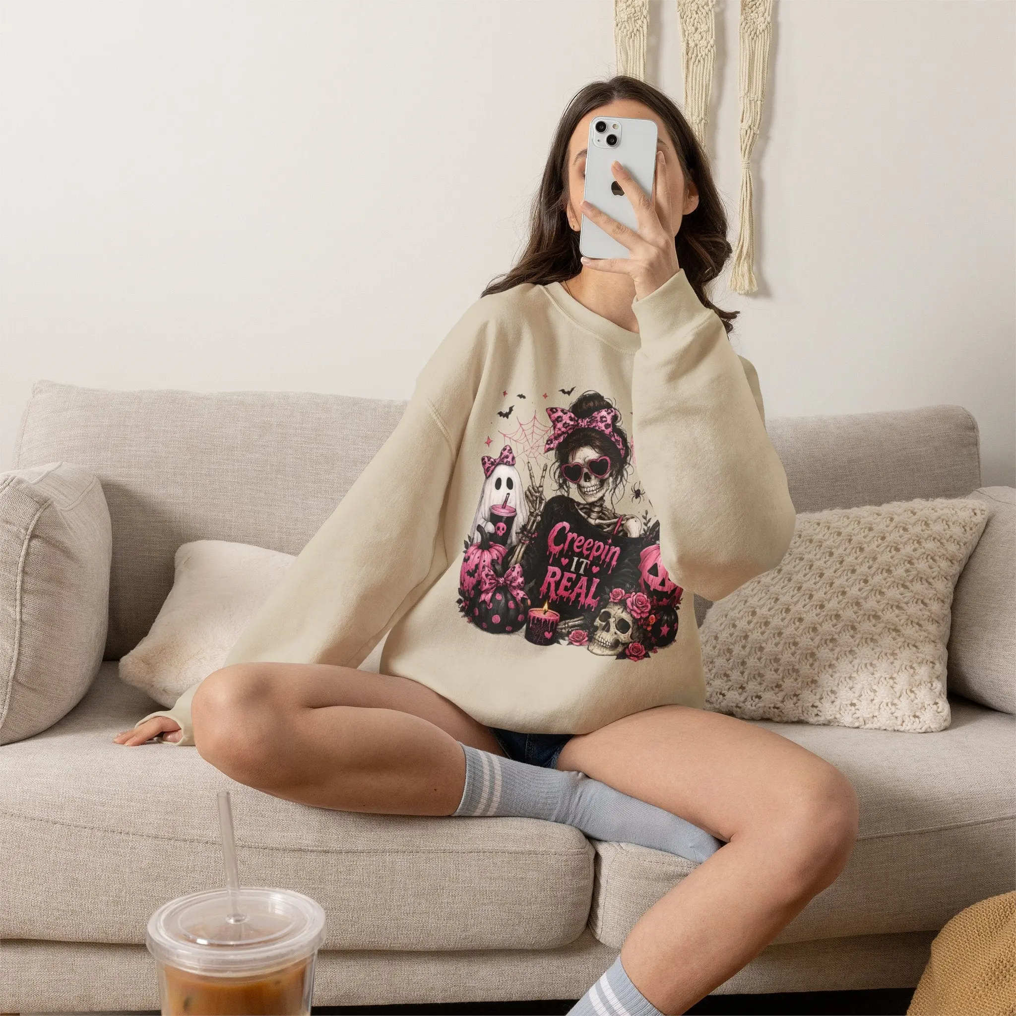 Creepin' It Real Halloween Sweatshirt, Pink Skeleton Crewneck, Coquette Spooky Season Sweatshirt, Cute Ghost Pumpkin Sweatshirt, Gildan 18000