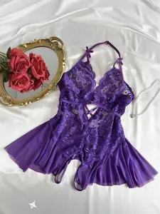 DianaDrape Sexy Purple Lace Backless Bodysuit | Contrast Cut-out Neckline Jumpsuit