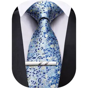 Floral Ties for Men Necktie and Tie Clip Wedding Business Flower Solid Color Formal