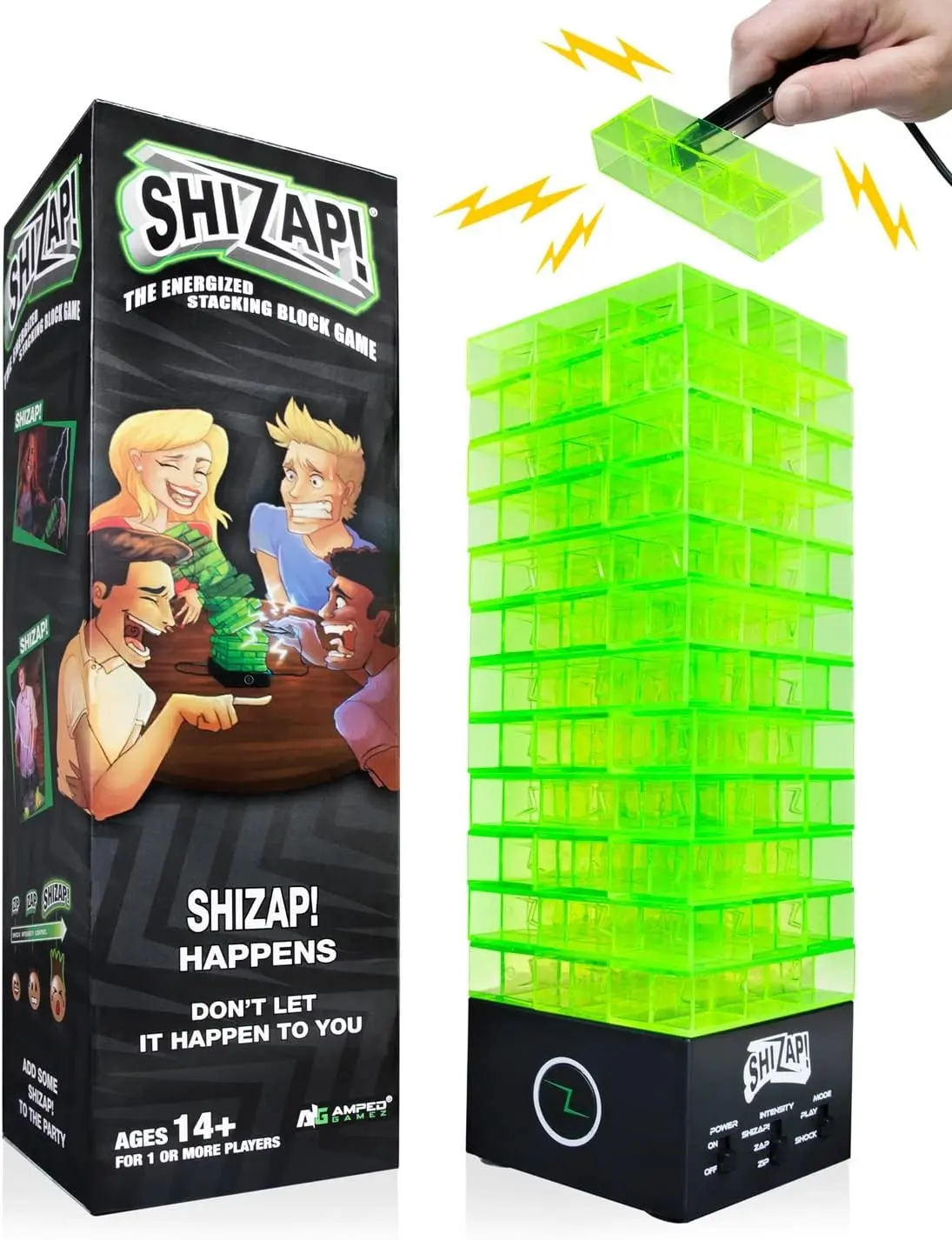 ShiZap! Electric Shock Stacking Block Party Game with LED Music Base | Includes shocking tweezers and plastic tumble tower blocks. A thrilling party game for teens, adults, and family fun nights.