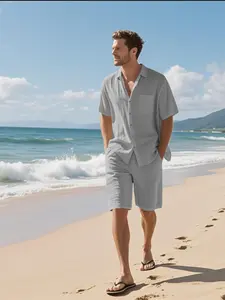Men's Solid Color Short Sleeve Button Up Shirt & Shorts Set, Casual Summer Clothes Set for Beach Vacation, Men's Clothing