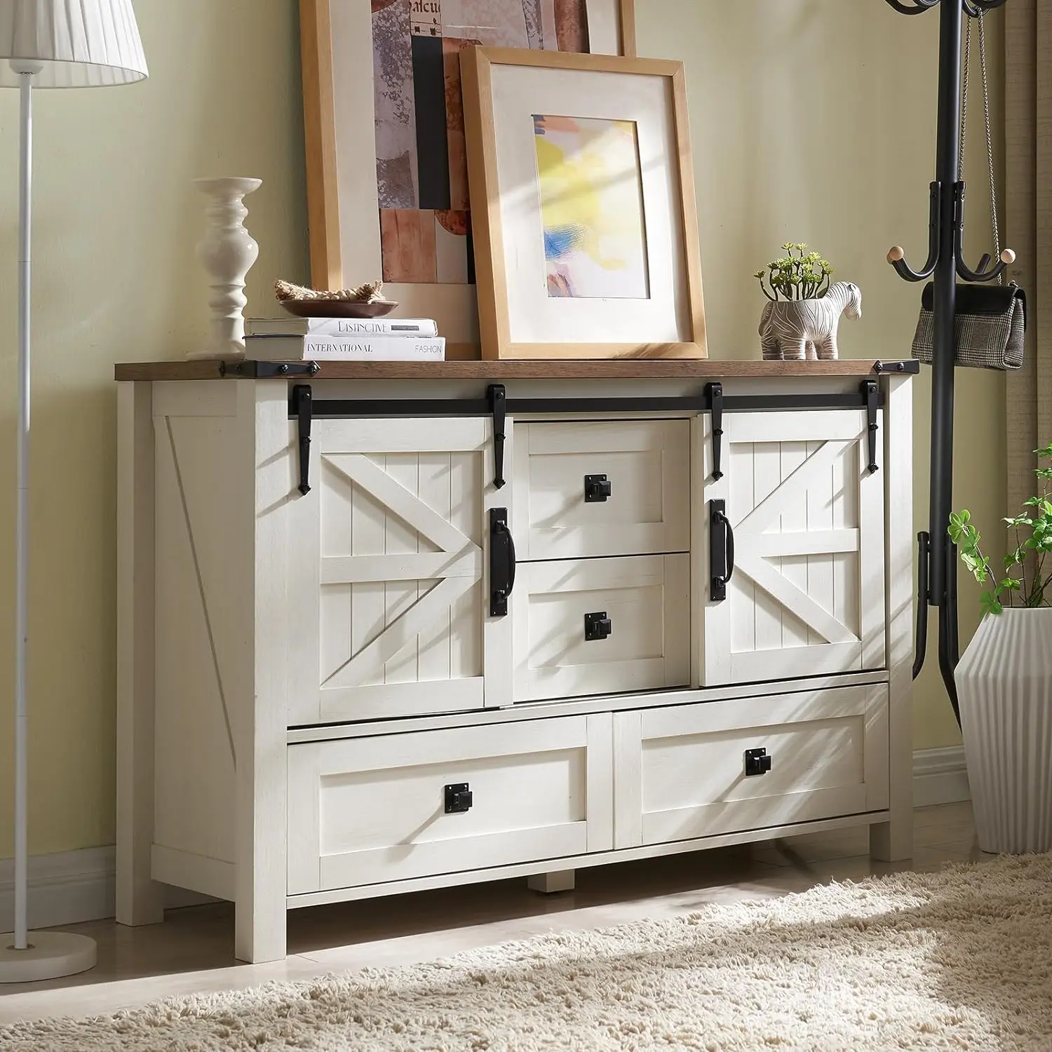 T4TREAM Farmhouse Dresser for Bedroom w/4 Drawers & Sliding Barn Doors, 48'' Wide Chest of Drawers, Rustic Dresser TV Stand w/Shelf, Dresser Organizer for Bedroom, Living Room, Entryway