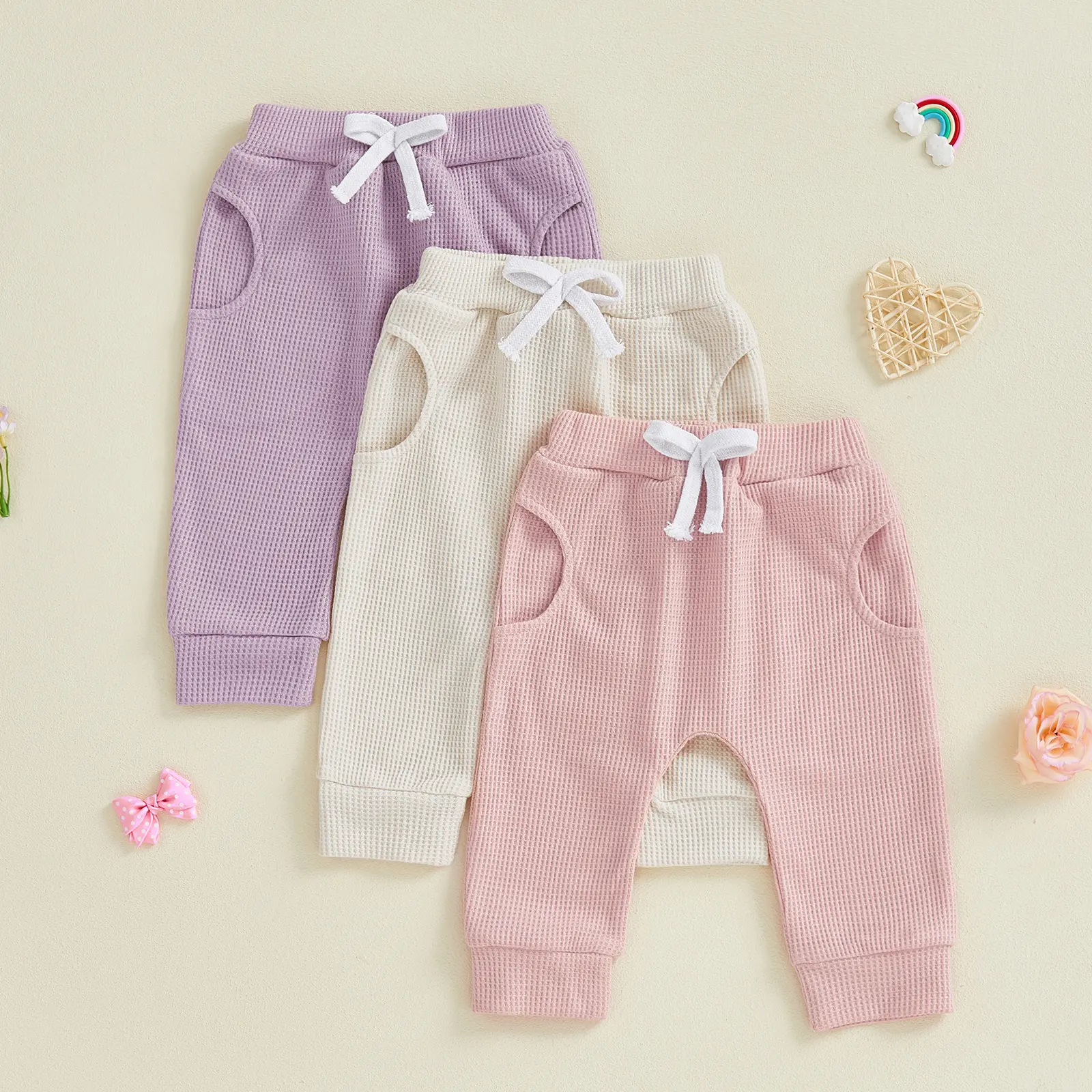 Toddler Baby Little Girls 3 Pack Pants Set Solid Waffle Elastic Waist Pants for Daily Spring Fall Winter 0-3 Years
