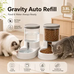 Automatic Cat Feeder and Water Dispenser Set, 1 Gallon Gravity Pet Feeder with Water Dispenser for Cats & Small Dogs, No-Power Auto Food Bowl, Detachable Easy-Clean Pet Feeding Station