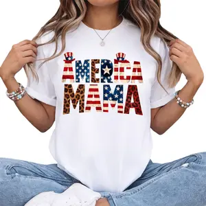 America Mama Leopard Print Patriotic Graphic T-Shirt For Independence Day Celebrations