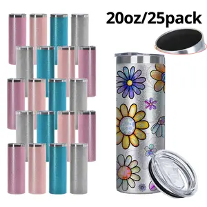 25pcs 20oz Sublimation-Ready Rough Glitter Stainless Steel Tumblers with Silver Rim, 4 Colors Mixed, Leak-Proof, Vacuum Insulated, Durable Portable Travel Drinkware Water Bottles for Home, Travel Gifts