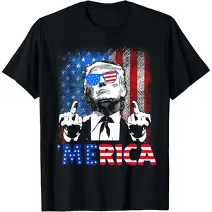 Funny Trump 4th Of July Merica American Flag Sunglasses T-Shirt Adult Graphic Pure Cotton Fitted Short Sleeve Crew Neck Top for Summer Fabric Menswear