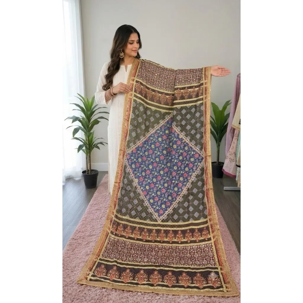 Women's Decorative Printed Dupatta Scarf with Diamond Pattern and Gold Kiran Lace Trim Traditional Style Long Shawl for Cultural Events Celebrations Family Gatherings and Everyday