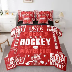 Feelyou 7-Piece Queen Bedding Set - Soft Breathable Bedding with Flat Sheet, Fitted Sheet, Printed Blanket, Silky Blanket, Quilt Cover, Hockey Motivational Puck Stars Design for Teens, Queen Bedding Sets