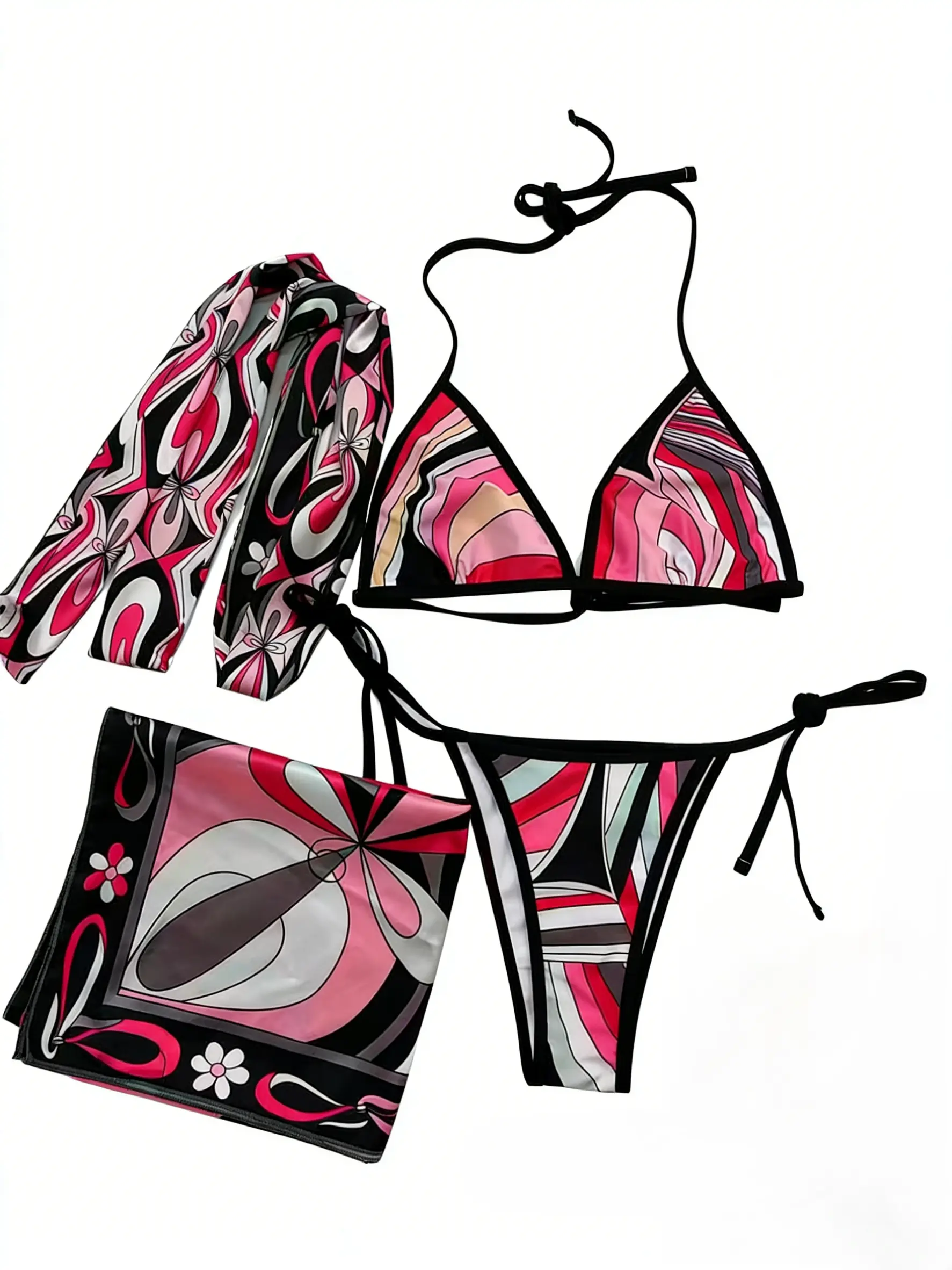 Women's Luxury Floral Print Silk 3-Piece Bikini Set (XS-XL) - Adjustable Strap, Silky Smooth, Includes Scarf & YF2541-Bikini Headband, Bohemian Chic for Relaxed Beach Looks, Tie Back Swimwear