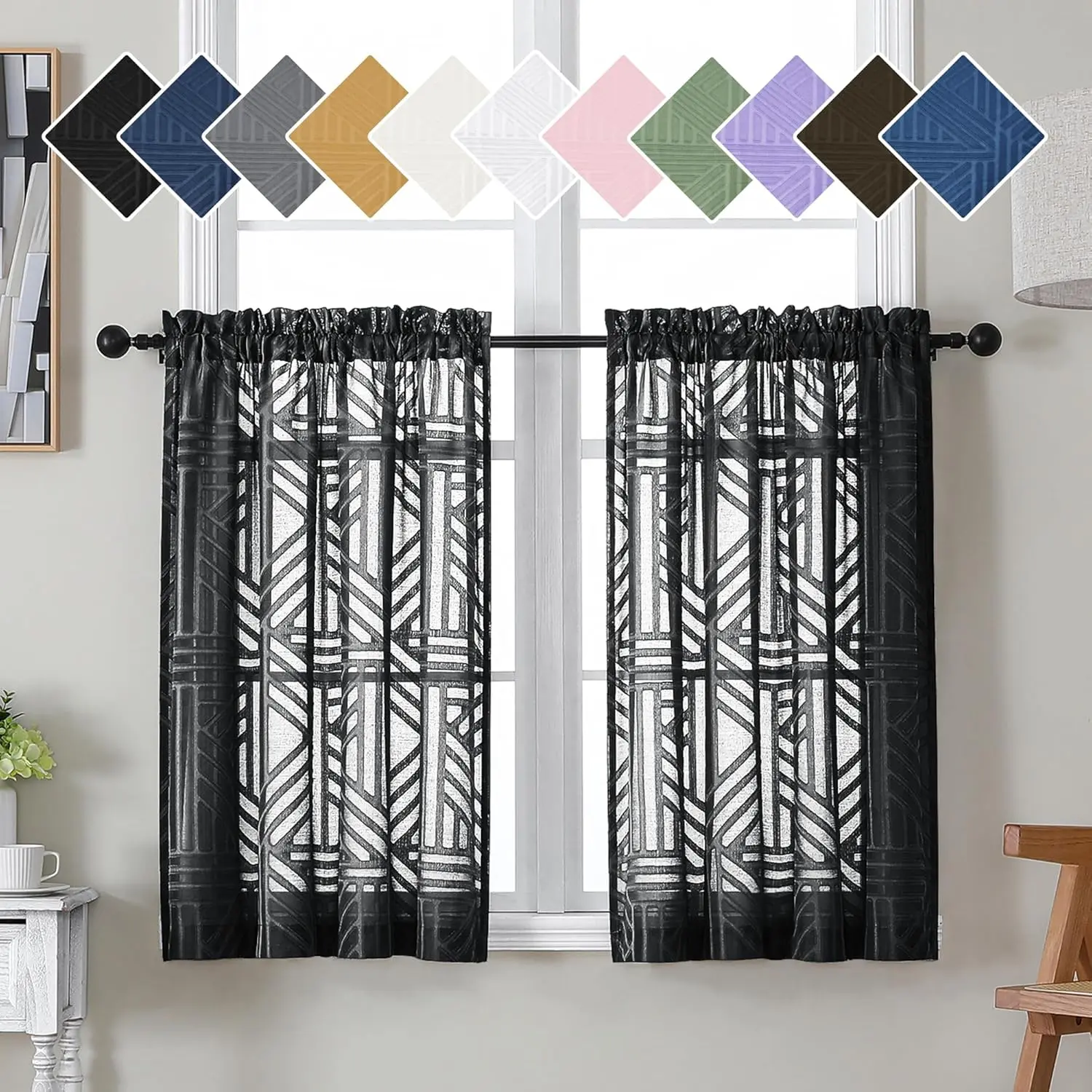 Black Sheer Kitchen Curtains 36 Inch Length Tier Curtains 2 Panels, Light Filtering Geometric Jacquard Clip Textured Semi Sheer Short Window Curtains for Bathroom, 42x36 inch