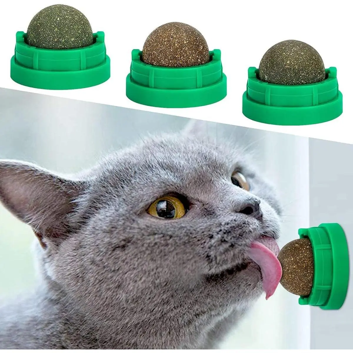 Catnip Toys Balls 4 PCs Edible Silvervine for Cats, Lickable Kitten Energy Balls, Dental Chew for Healthy Teeth Cleaning, Cat Wall Treats Green/Grey.