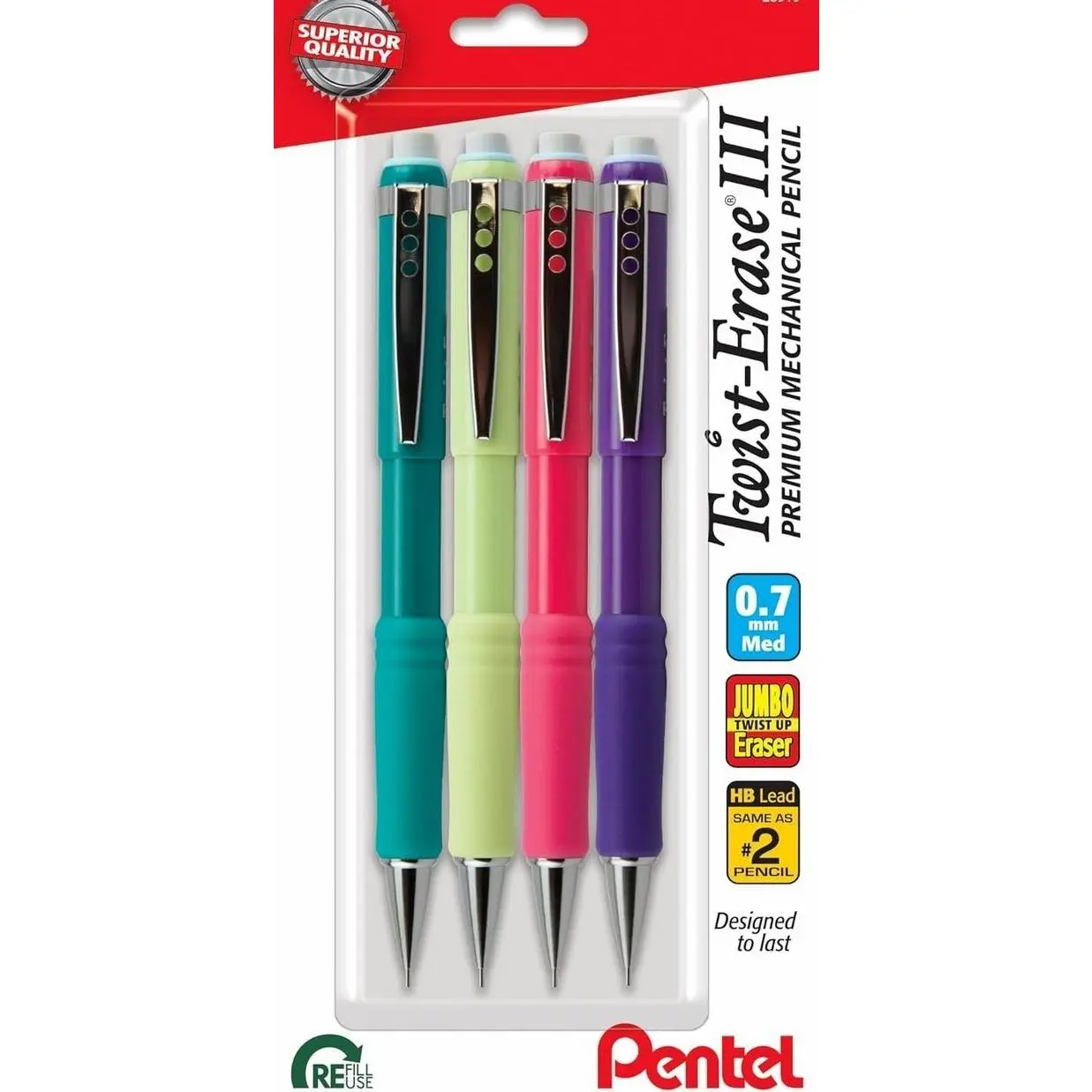 Pentel Twist-Erase III Mechanical Pencil, (0.7mm), Medium Line, Assorted Fashion Color Barrels, Pack of 4 (QE517FBP4M)