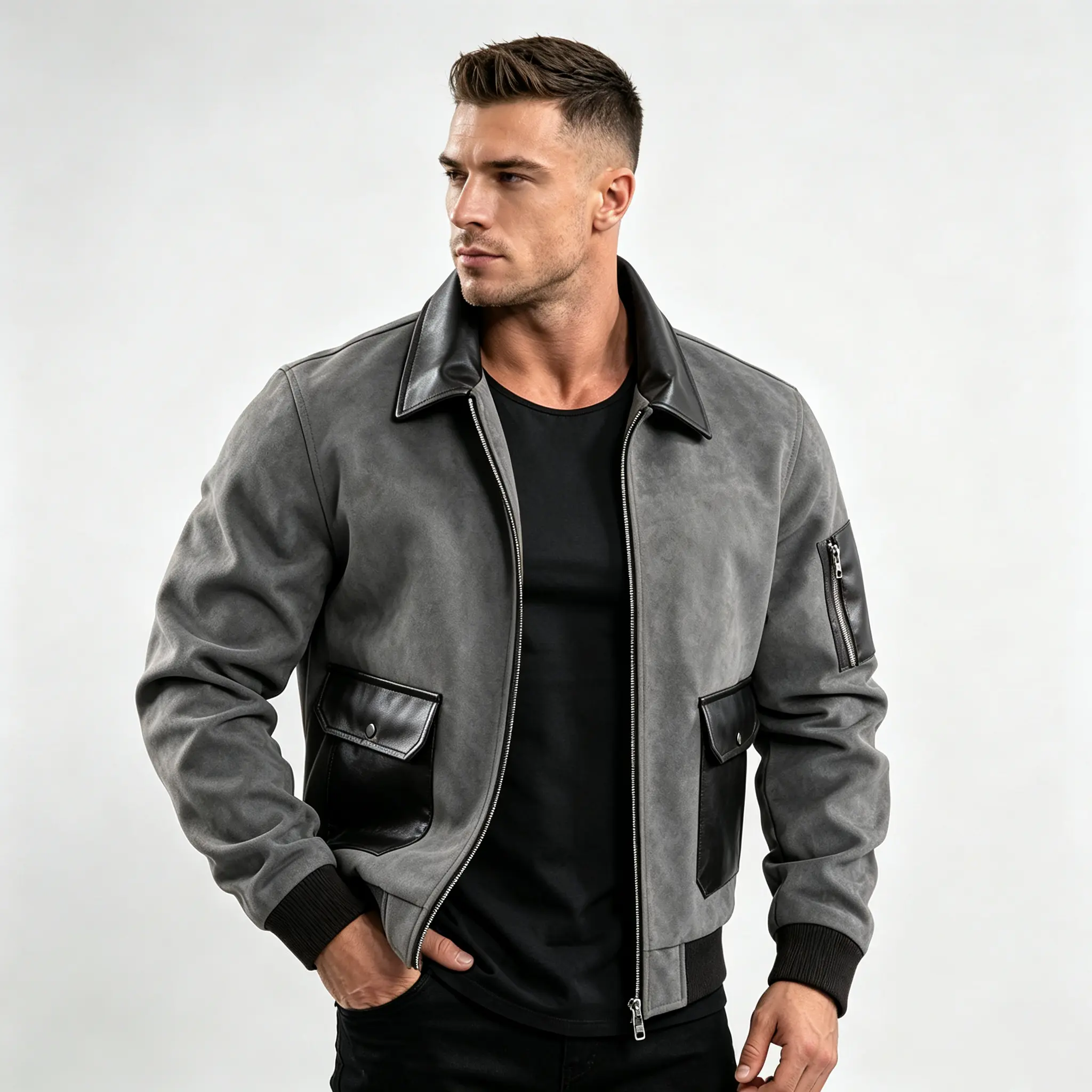 Vintage Workwear Jacket for Men, Cropped Menswear Outerwear in Faux Suede with Smooth Fabric, Patchwork Sleeves, and Multiple Pockets Aesthetics Basic, Fitness, Ribbed, Coats