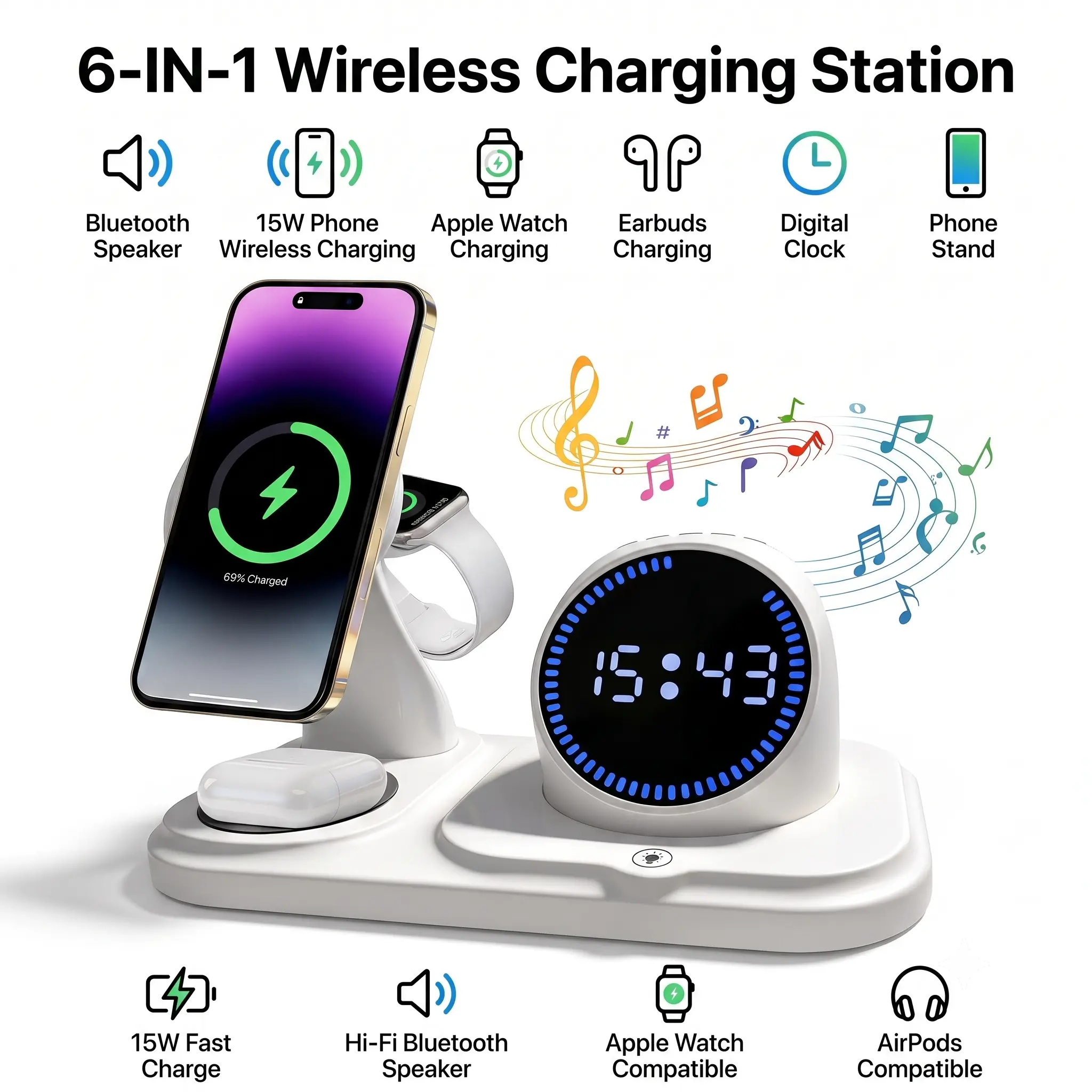 6-in-1 Bedside Wireless Charging Station, Multi-Fast Charging Stand with Digital Clock, Bluetooth Speaker & RGB Ambient Light, Compatible with iPhone, Android, Smart Watches & Earphones, Ideal Gift, Smartphone, Magnetic