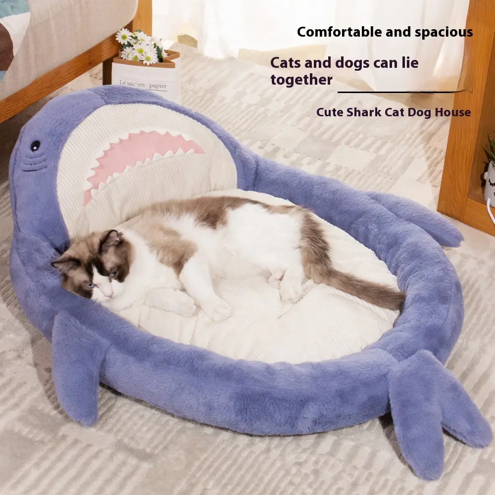 2024 New Autumn and Winter Sofa Pet Bed Non-Slip Cute Big White Shark Shape Cathouse Doghouse Mattress Pet Bed