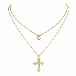 14K Gold Plated Cross Necklace for Women - Dainty Diamond Faith Pendant Jewelry - Adjustable Figaro Chain - Religious Gift for Her - Water Resistant