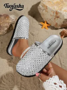 Fashion Women's Shoes, Punk Style Rhinestone Mesh Toe Slippers, Flat Sole Outdoor Casual Sandals, Trendy and Comfortable Footwear, Rhinestone Decorated Slides