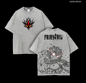 Natsu Dragneel Fairy Tail Anime Double Printed Vintage Washed Tee Unisex Oversize Heavyweight Cotton T-shirt for Anime Fans and Lovers