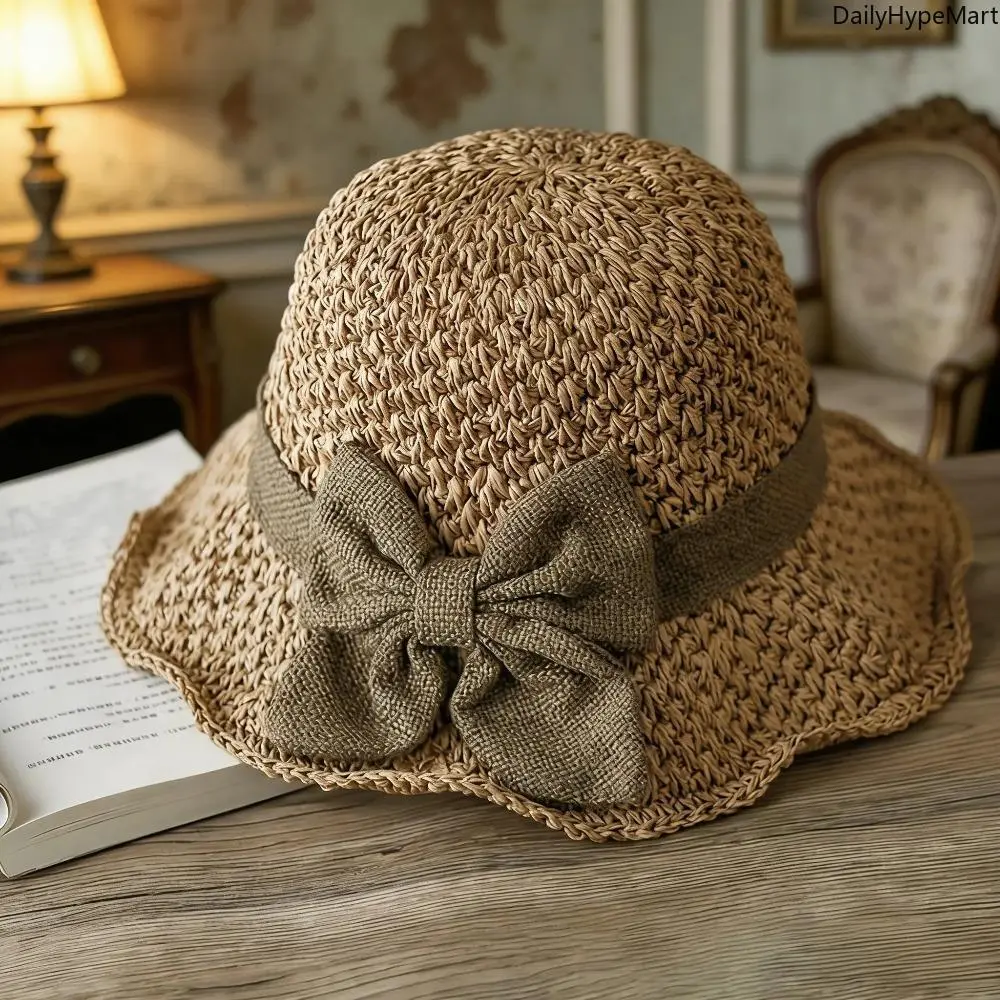 Women's Bohemian Wide Brim Sun Hat - Handmade Foldable PVC Accessory with Ribbon Accent, Retro Bow Charm, for Summer Beach Travel, Engagement, Anniversary, Birthday Casual Outfits