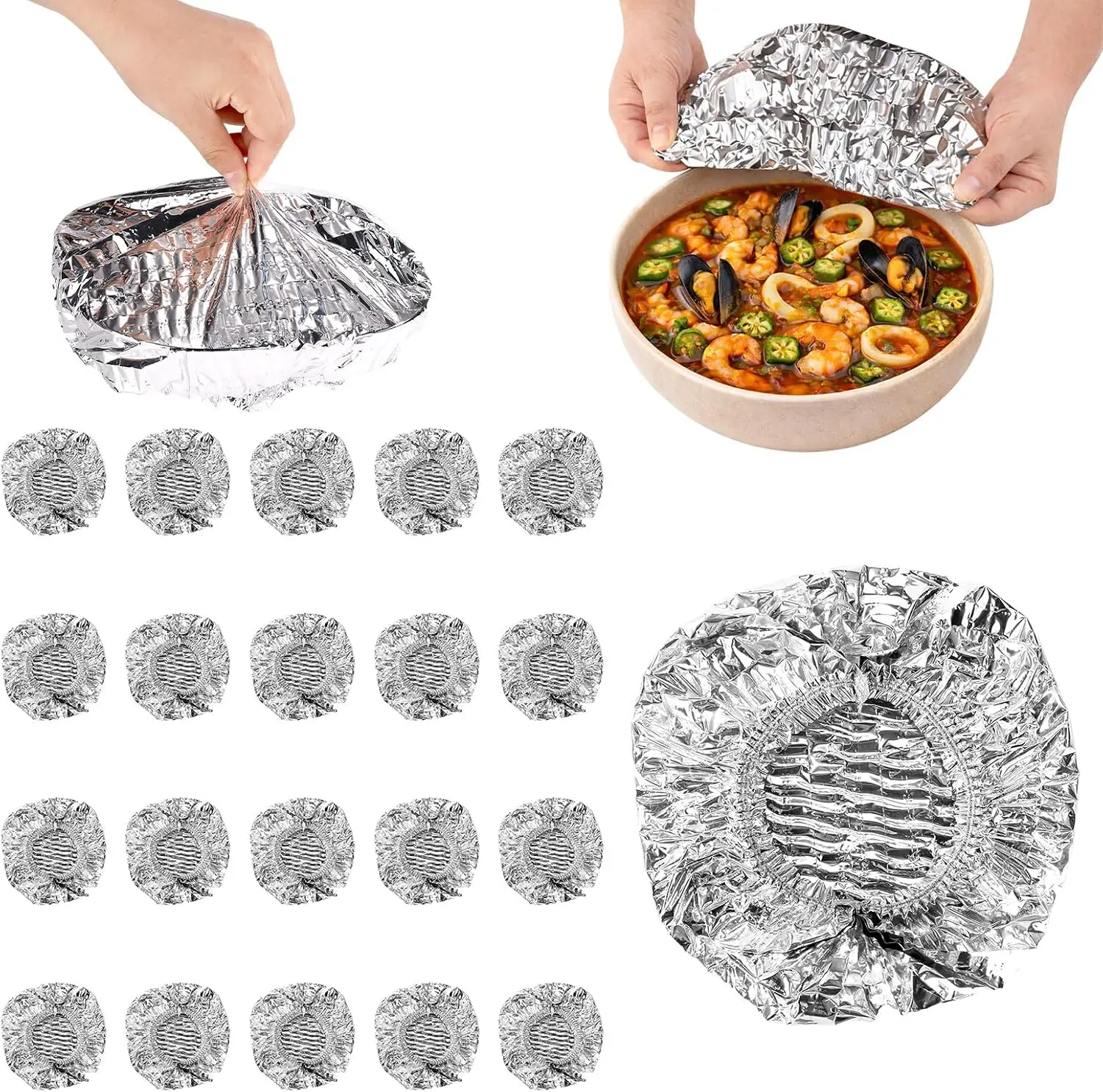 Reusable Aluminium Foil Food Covers - 50 Pieces Premium Pop-Up Lids, Lightweight Easy-to-Handle Kitchen Heat Shields, Universal Fit for Bowls, Plates, Storage Containers, Keeps Food Fresh, No Single-Use Plastics (Silver, Everyday Use)
