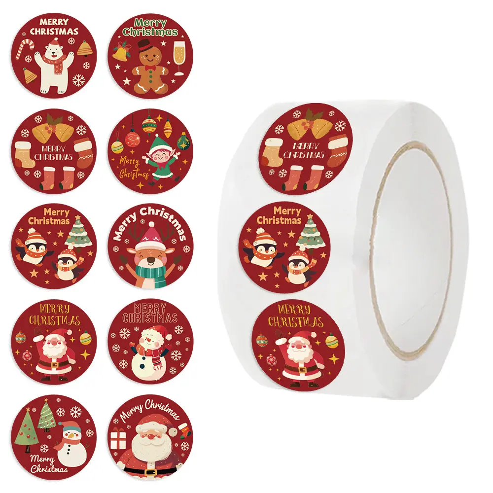 500PCS Large Round Self-Adhesive Christmas Stickers Roll - Waterproof Red Envelope Seals Decals, Holiday Themed Office Stationery Labels for Xmas Parties Gift Presentations
