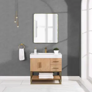 Altair Design Bianco 36" Single Bathroom Vanity in Light Brown with Brushed Gold Support Base and White Composite Stone Countertop