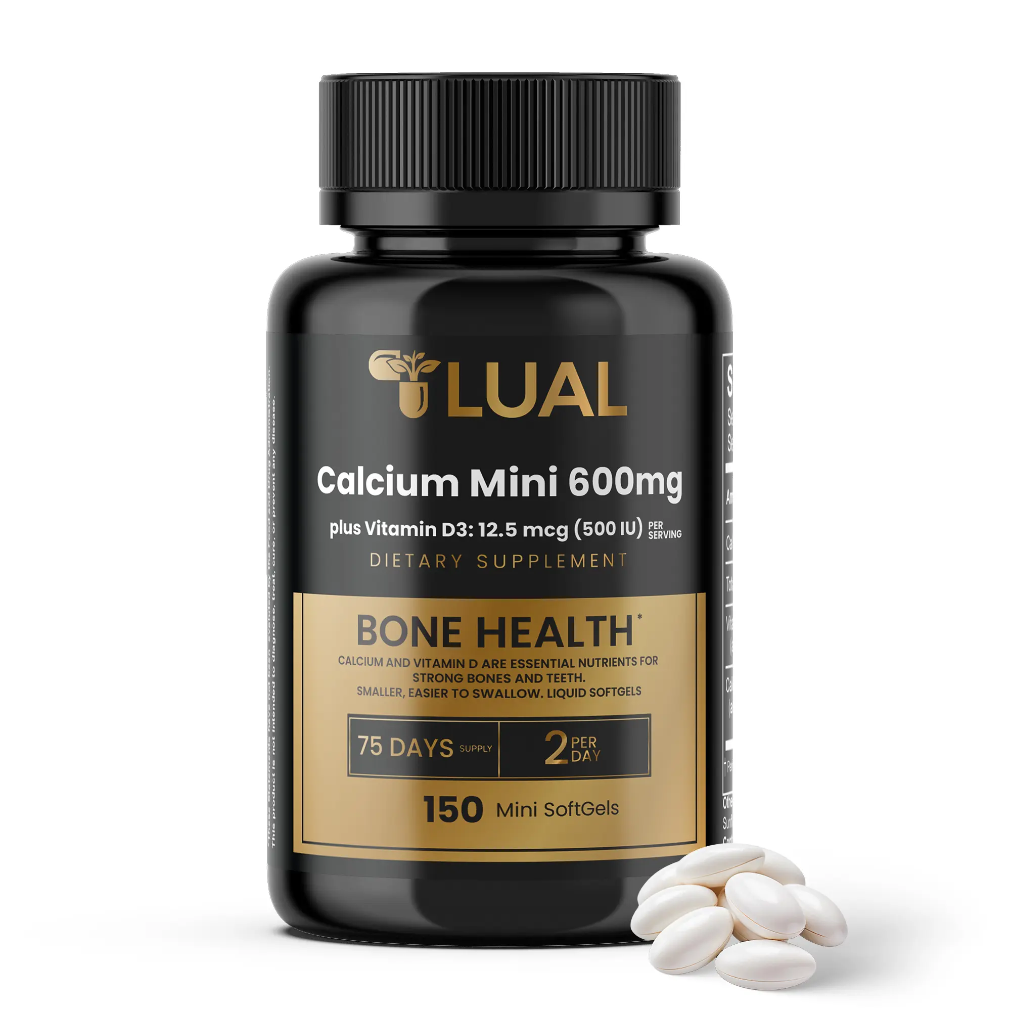 LUAL Calcium 600mg + Vitamin D3 - Bone & Muscle Support - 150 Mini Softgels - Easy to Swallow - Calcium & D3 for Strong Bones & Mobility