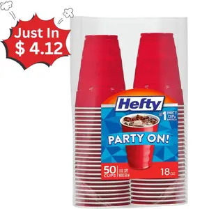 Hefty Party On Disposable Red Plastic Cups 18 oz - 50 Count | Durable, Large, Sturdy Party Cups for All Occasions