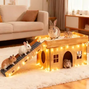 Wooden Bunny Castle Rabbit Hideout with Stair, Hut Hideout for Chinchilla and Guinea Pigs Excluding String Lights