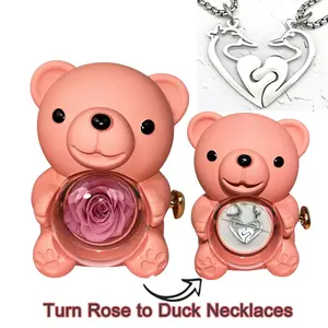 Duck Couples Necklaces In Rose Bear Gift Box, Boy and Girl Mallard Ducks, Best Friends Gifts, Love Bird Jewelry Interlocking Matching Heart